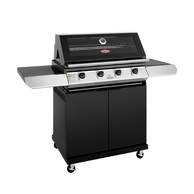 Beef Eater 1200 Series Black Enamel 4 Burner BBQ & Trolley w/ Side Burner, Cast Iron Burners & Grills BMG1241BB (8057673941298)